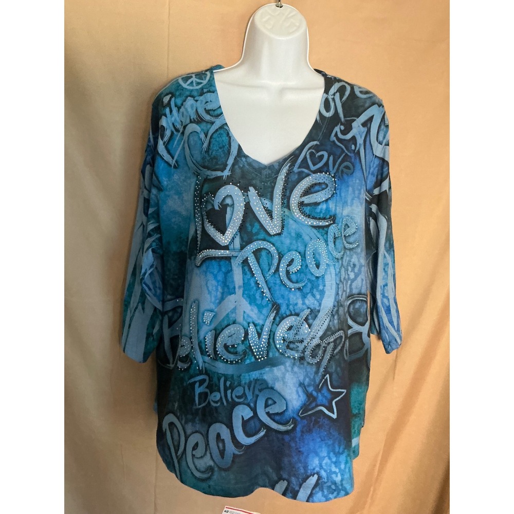 Lane Bryant Graffiti Print V-Neck Top Women 22/24 Blue Excellent Rhinestone 3/4
